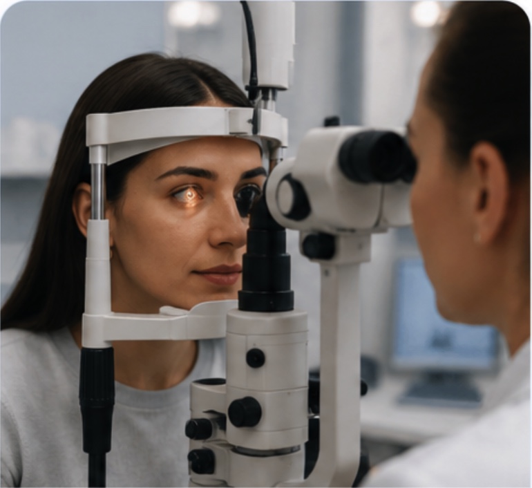 Patiënt tijdens optometrisch onderzoek met de spleetlamp